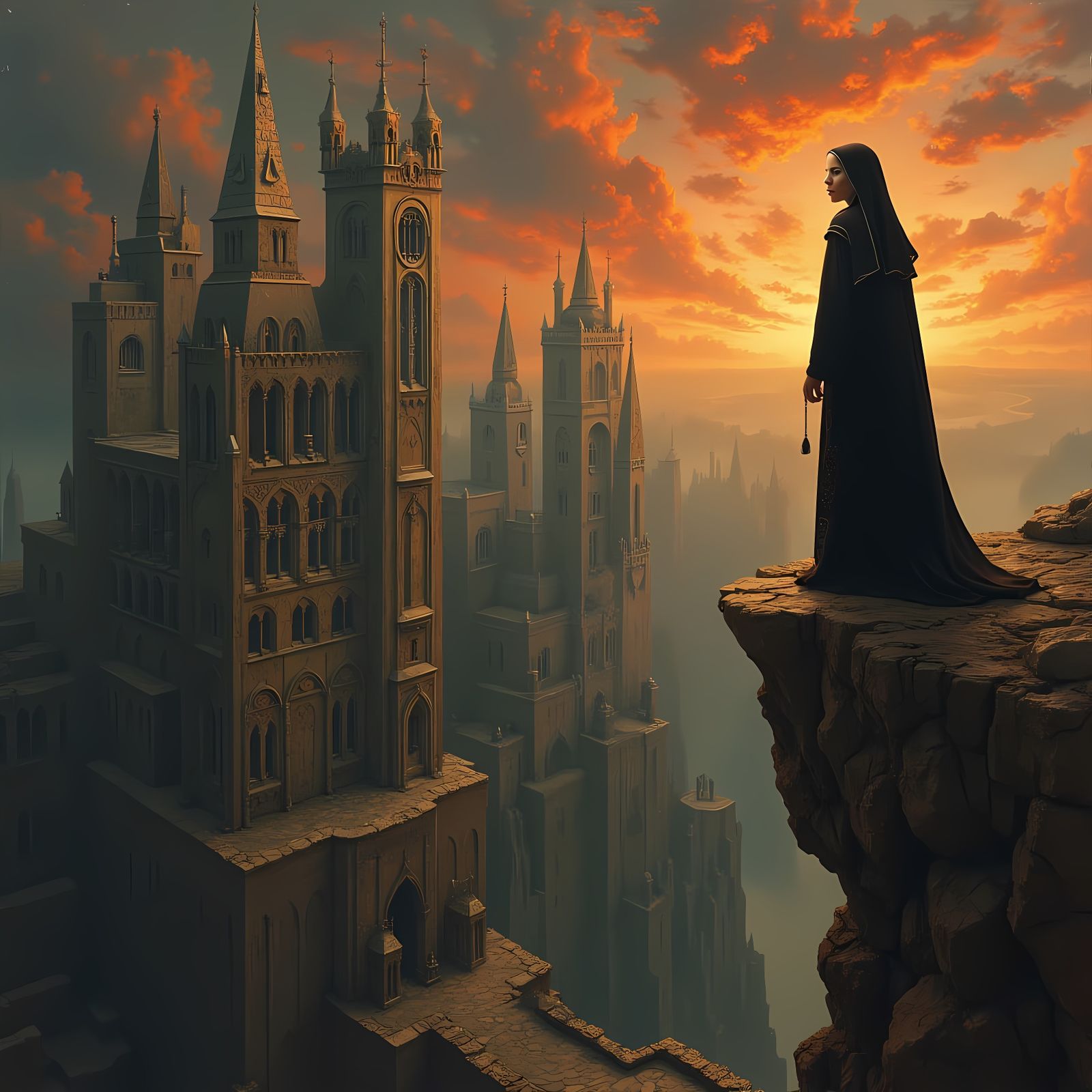 A Handsome Medieval Nun in a Gothic Escher-Inspired Hellscap...