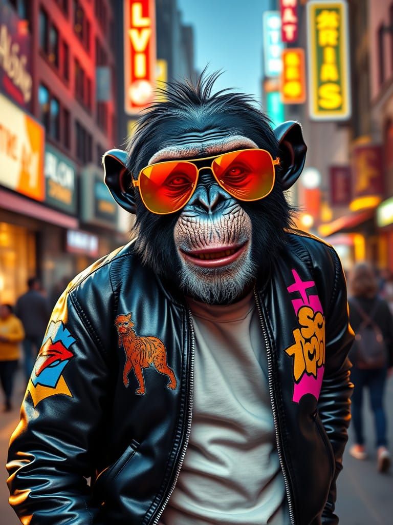 Dapper Chimpanzee in Urban Setting with Graffiti Jacket