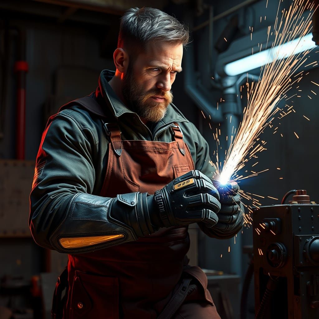 Futuristic Blacksmith Forging Cybernetic Gauntlet