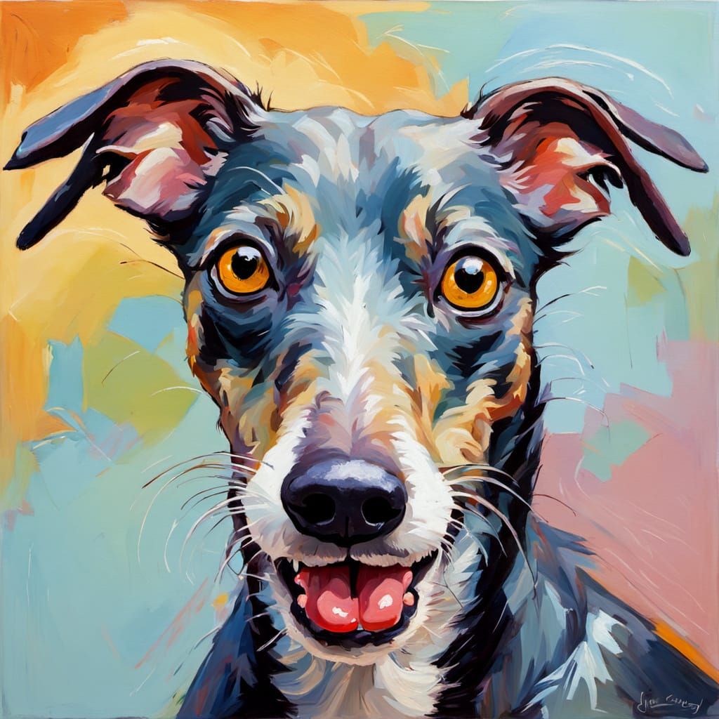 Whimsical Oil Painting of a Goofy Greyhound