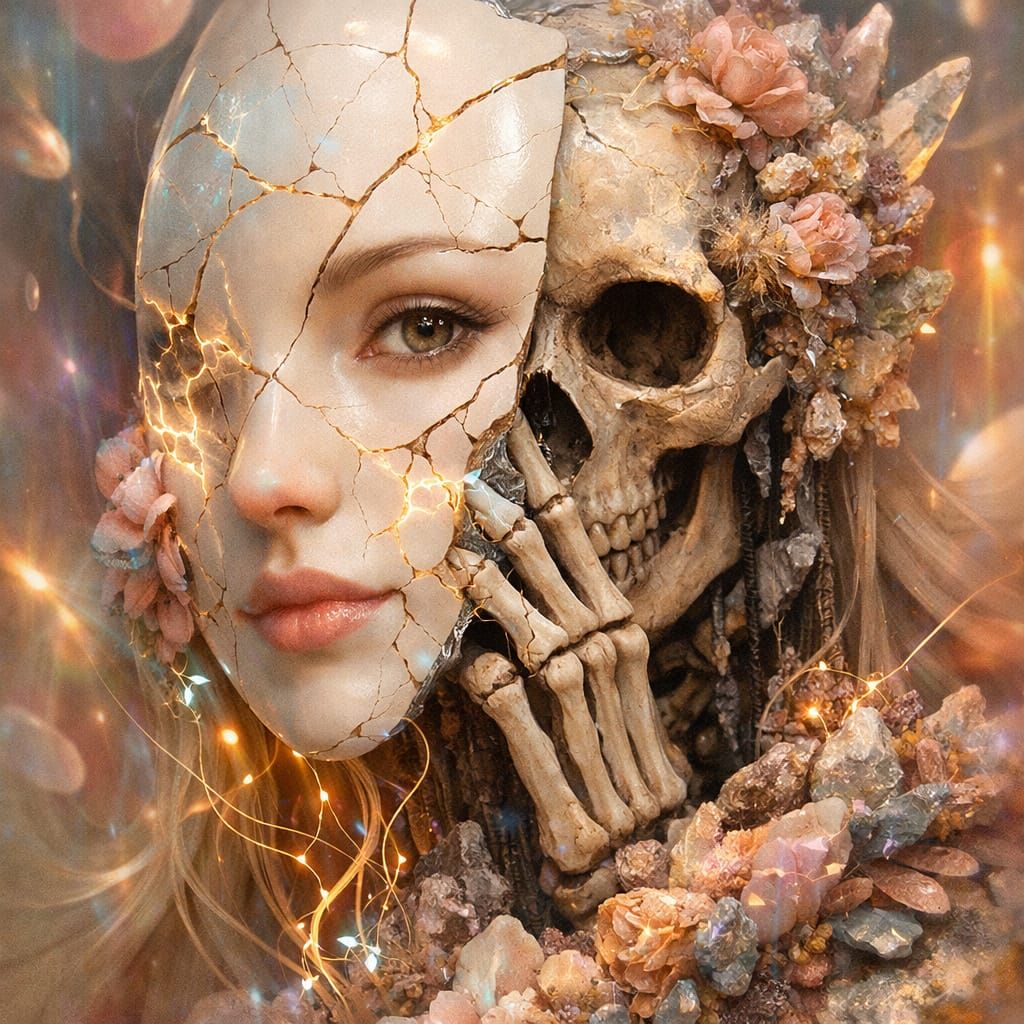 Surreal Skeleton Behind Woman's Mask in Dreamy Space