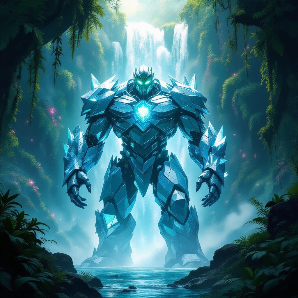Crystal Golem Guards Alien Waterfall in Bioluminescent Jungl...