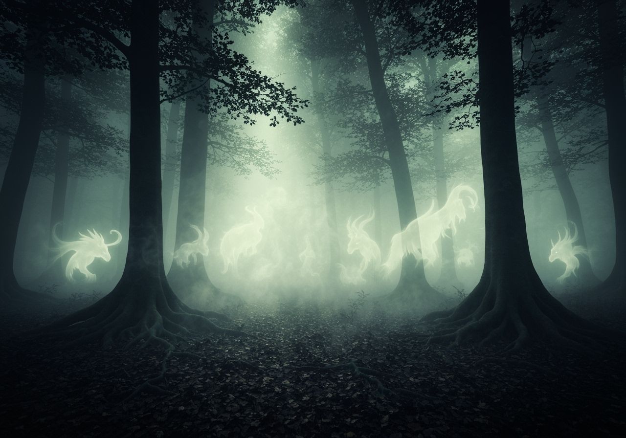 Enchanted Forest Fog Shapes Mythical Creatures in Gothic Fan...