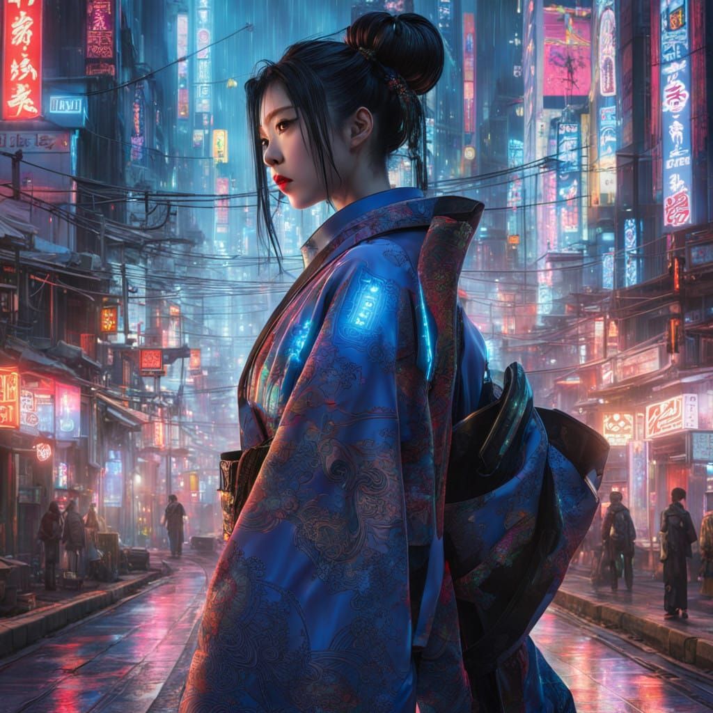 Cyberpunk Goddess in Neon Urban Landscape