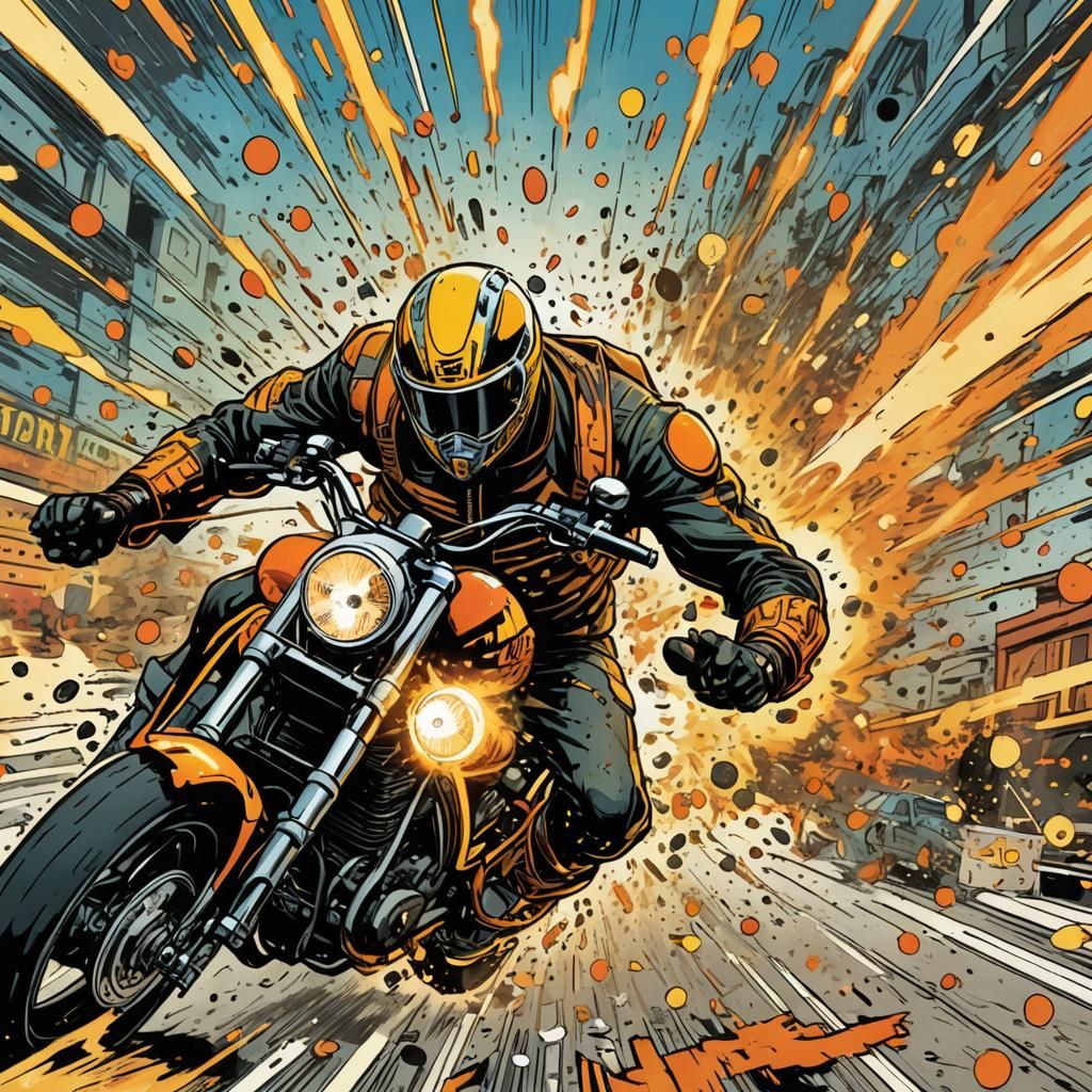 Motorcycle Crash in Dynamic Comic Book Art
