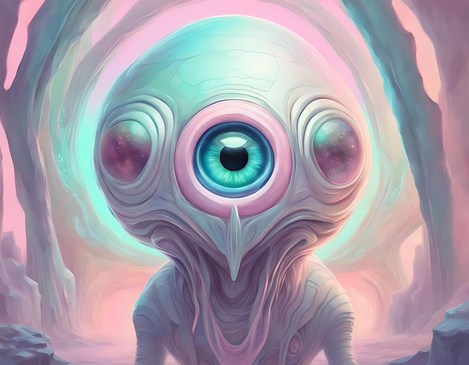 Pastel Futuristic Creature in Luminous Cavern