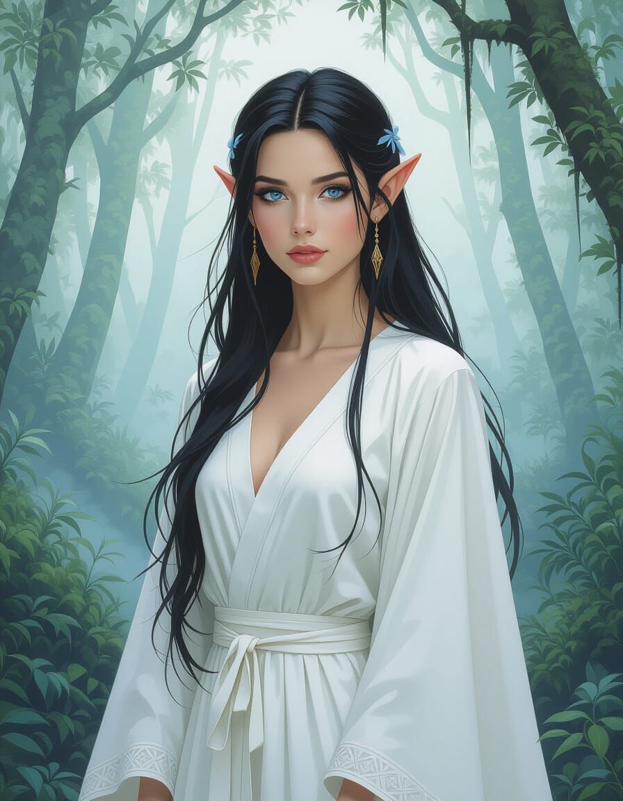 Enchanting Elf in Misty Forest, Stalenhag Style