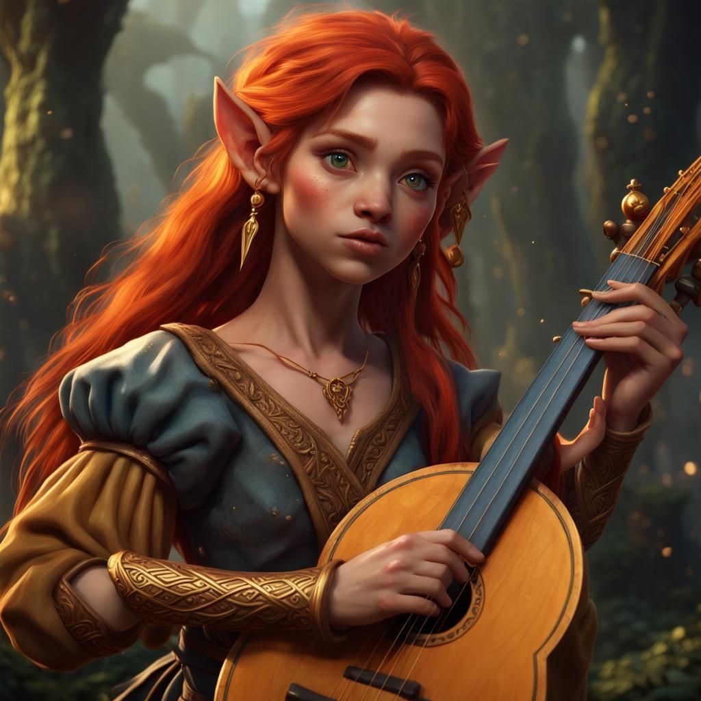Playful Halfling Bard with Lyre: Fantasy Art