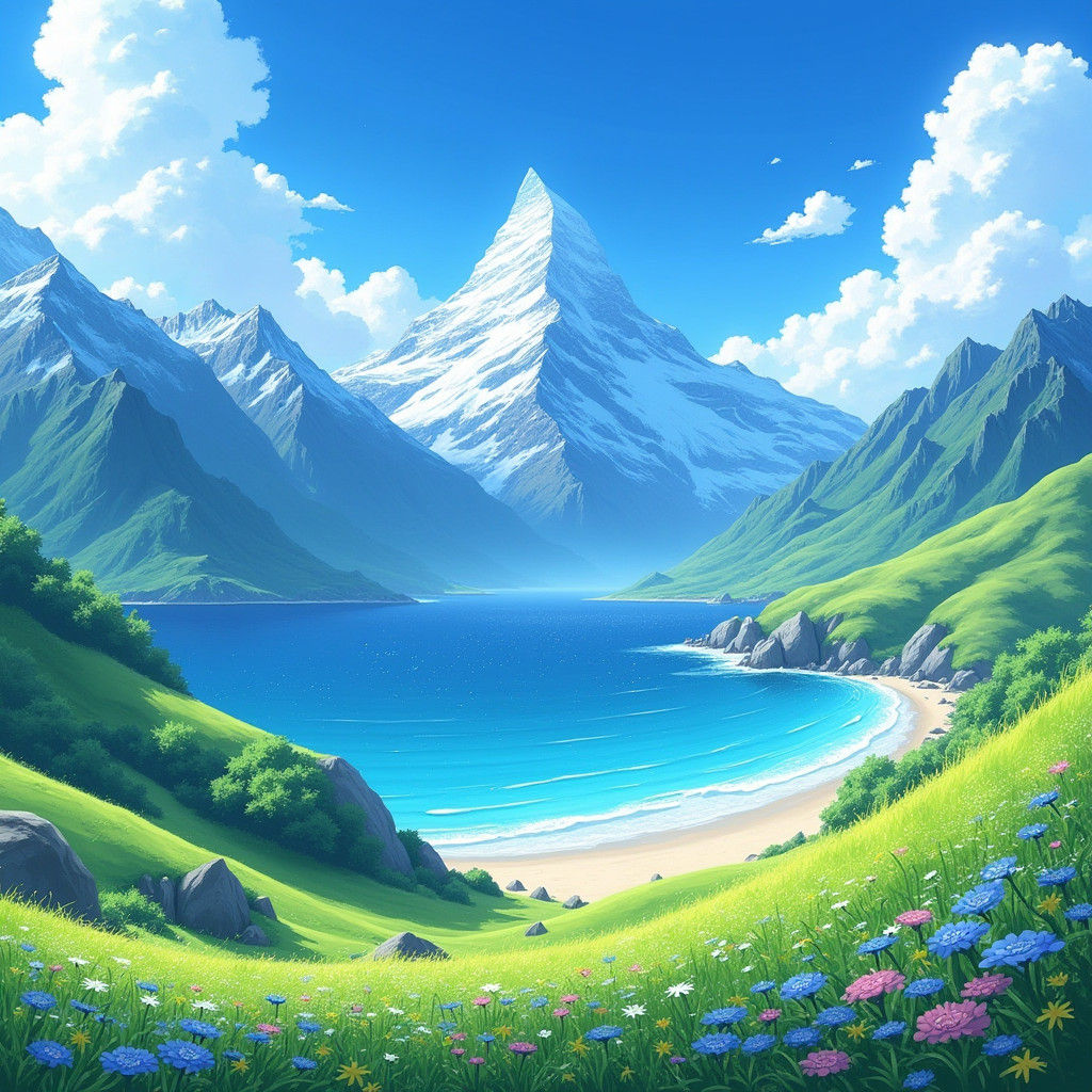 Snow-Capped Mountains Meet Emerald Shores: Anime Key Visuals