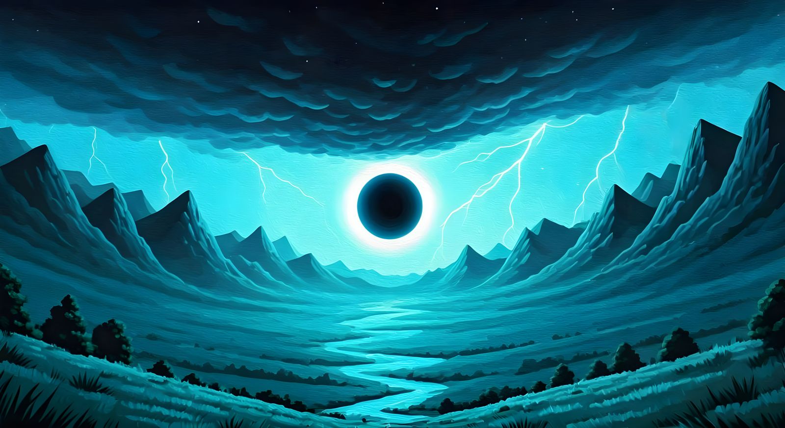 Turquoise Galaxy Landscape in Gouache Style