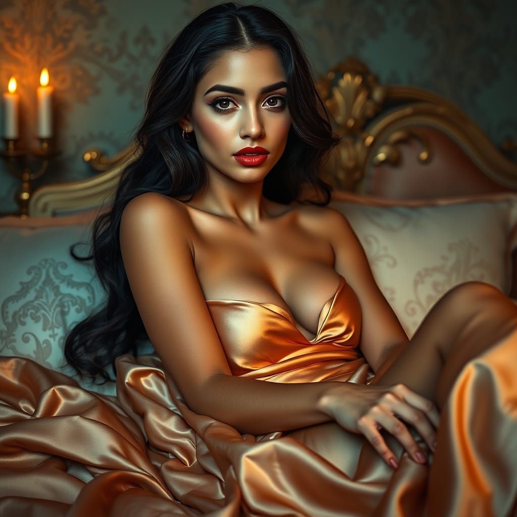 Elegant Latina Woman in Luxurious Bedroom