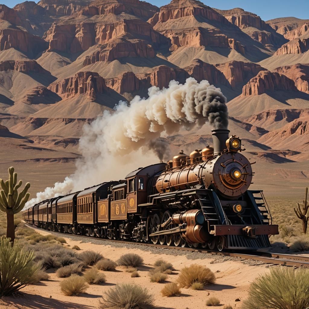 Victorian Steampunk Locomotive in American Desert Scenery