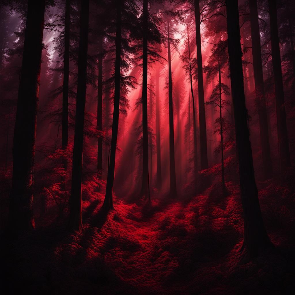 Dramatic Dark Forest Oil Painting with Red Sky