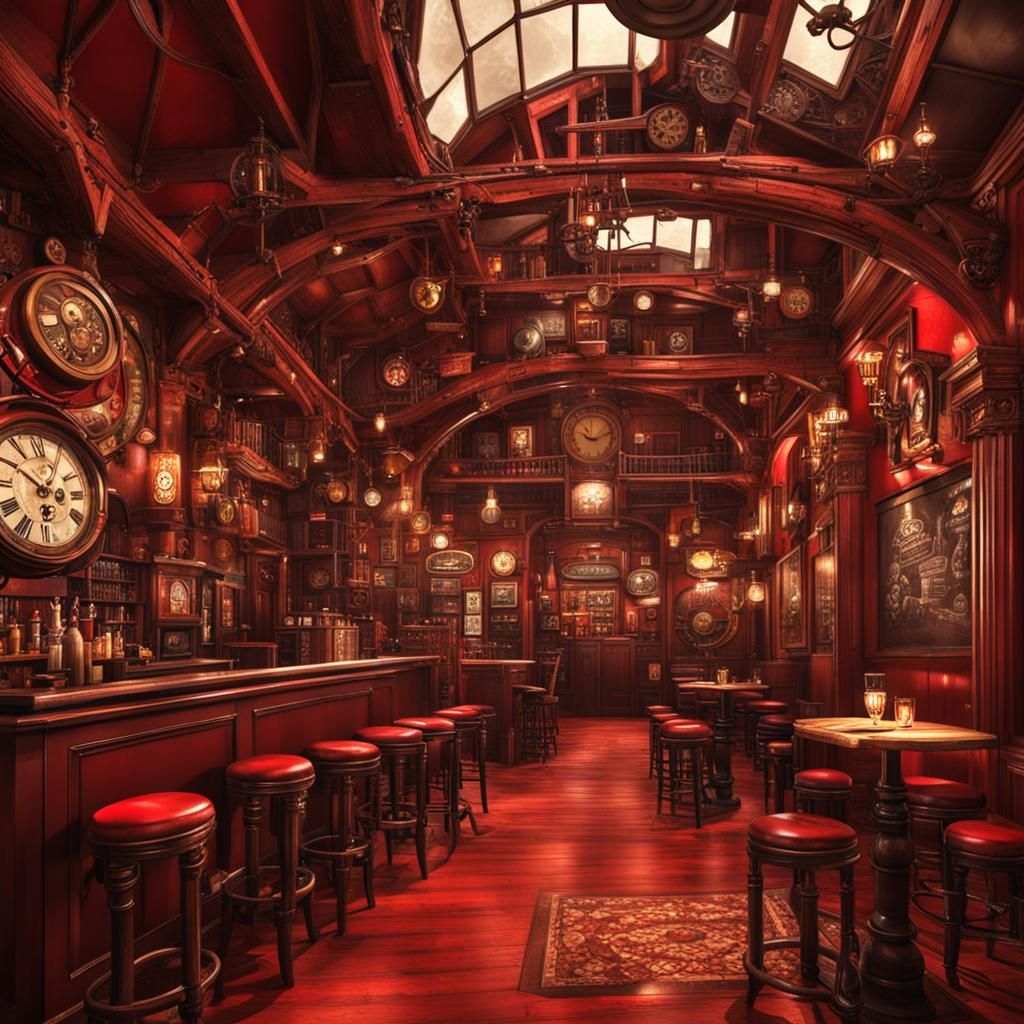 Red Steampunk Pub Interior: British Style