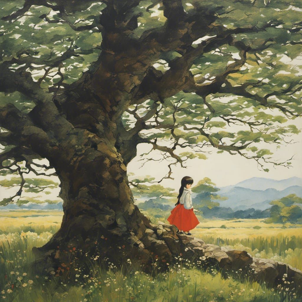 Girl by an Old Tree in Manga Style