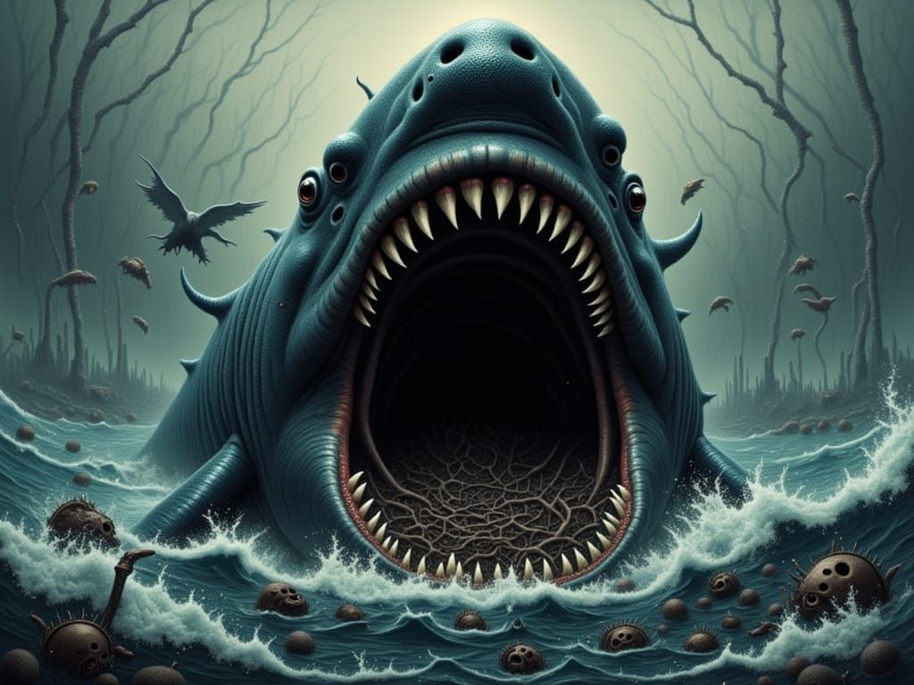 Megalodon in a Dark, Expressive, and Primal Artistic Style
