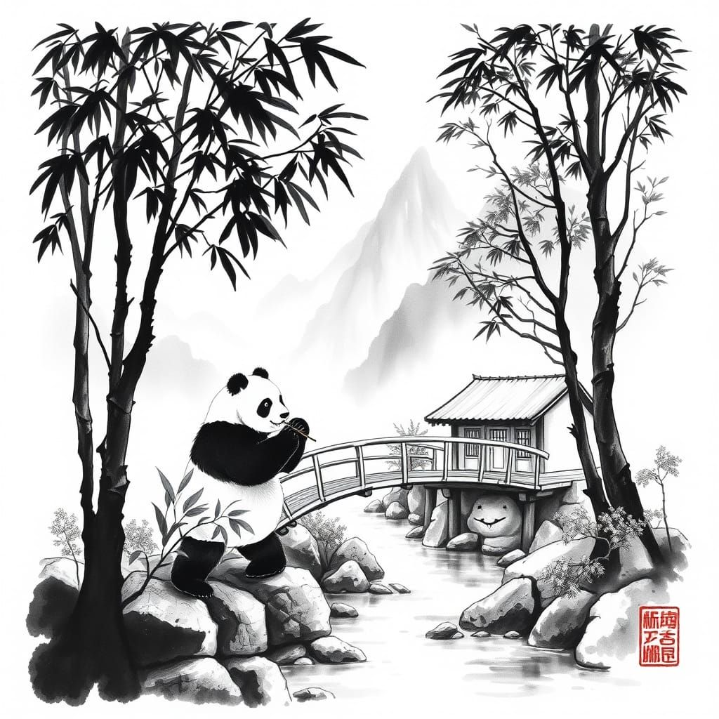 Panda Amidst Huangshan Mountain Landscape in Chinese Ink Pai...