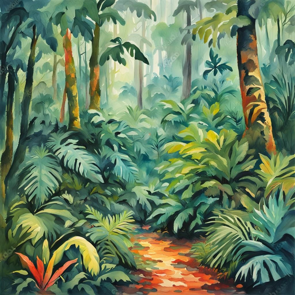 Lush Rainforest in Gouache and Watercolor Style