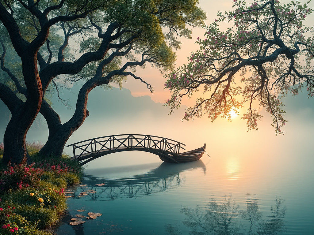 Arched Bridge Over Emerald Stream at Sunset