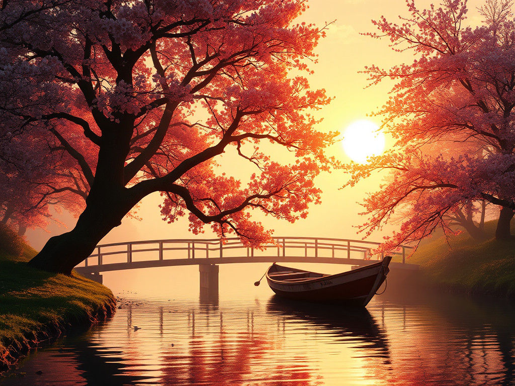 Arched Bridge Sunset in Luminous Romantic Style
