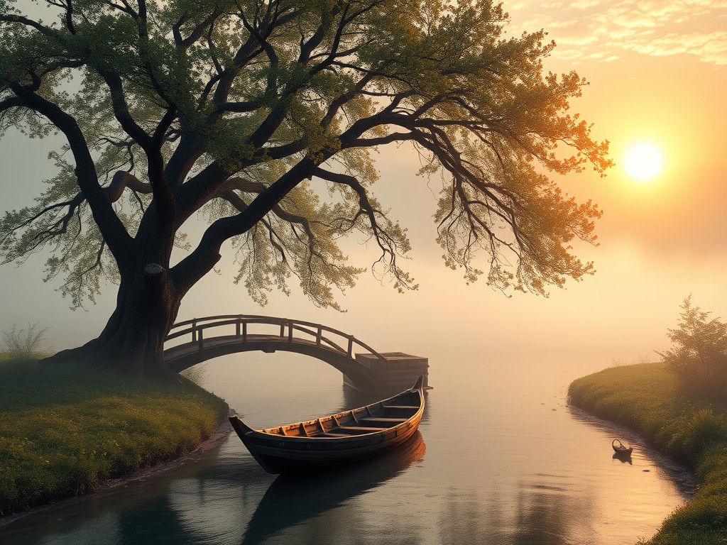 Serene Valley: Boat Gliding in Sunset Light