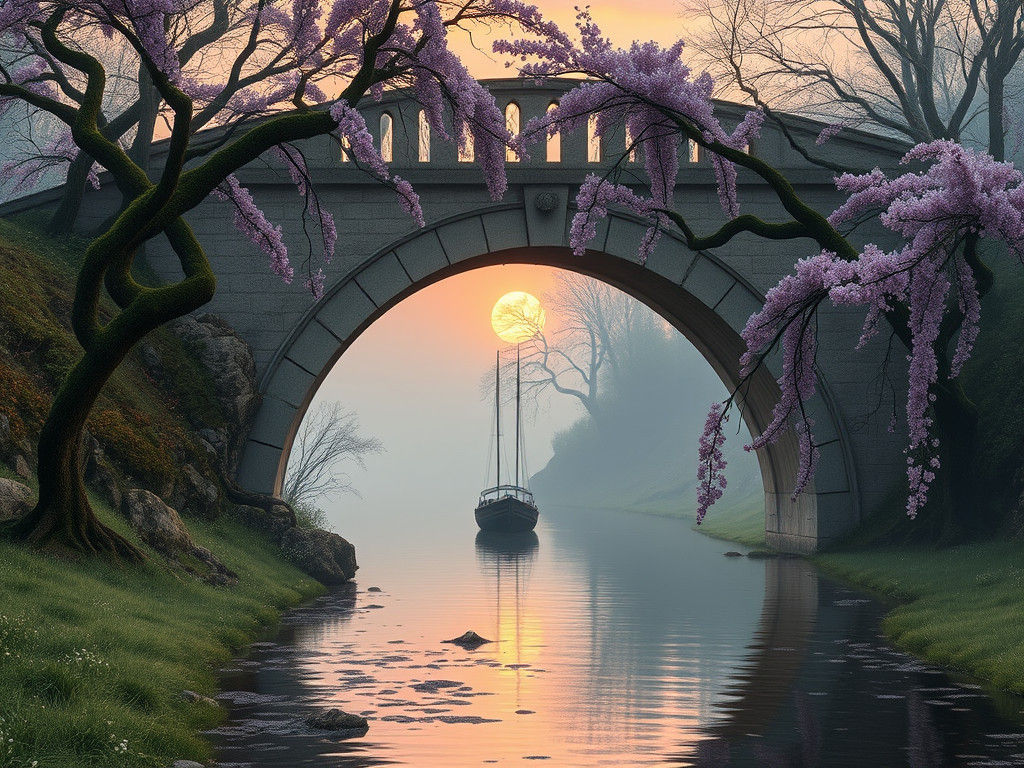 Arched Bridge Sunset: Dreamy Romantic Landscape