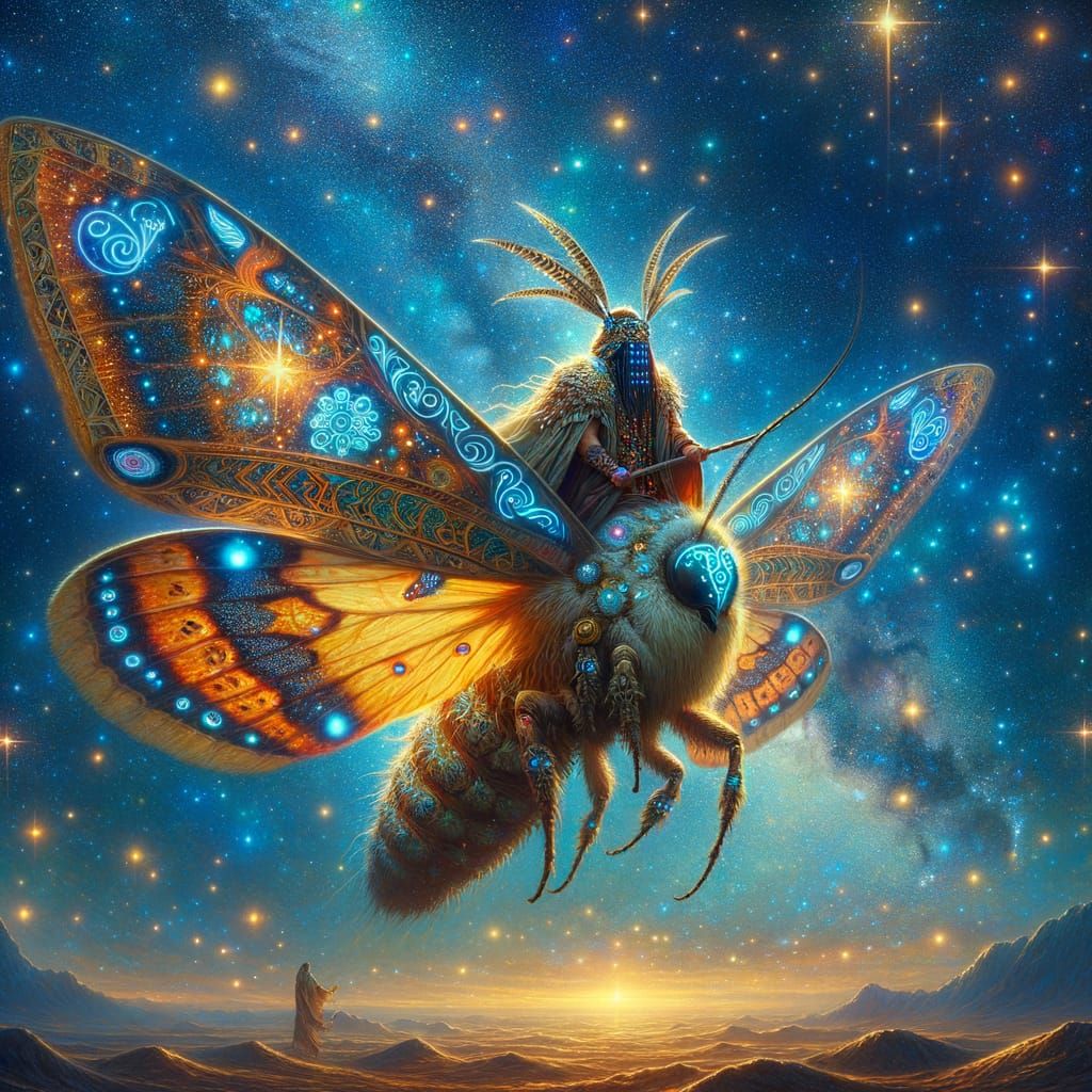 Warrior on Bioluminescent Moth in Starry Sky