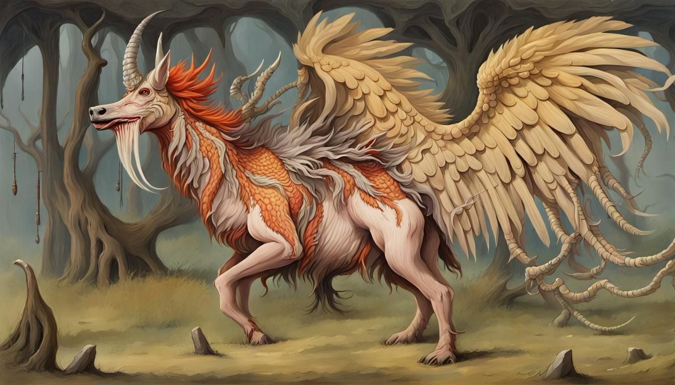 Grotesque Chicken Creature with Unicorn Horn