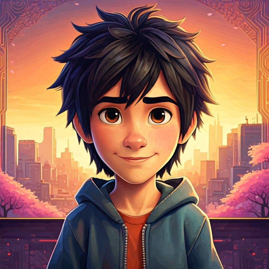 Hiro and San Fransokyo Sunset in Futuristic Style