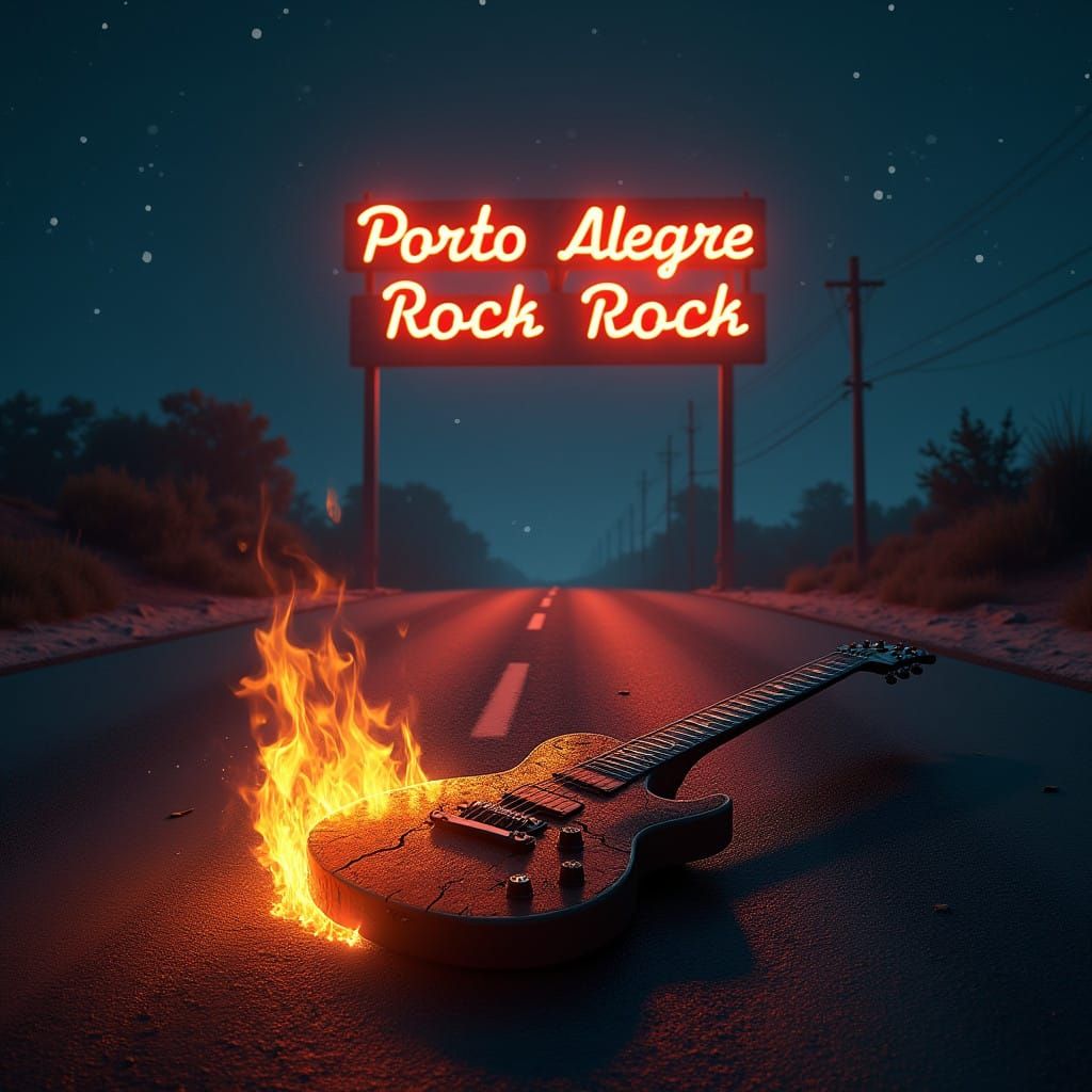 Flaming Guitar on Dark Highway in Apocalyptic Rock Scene