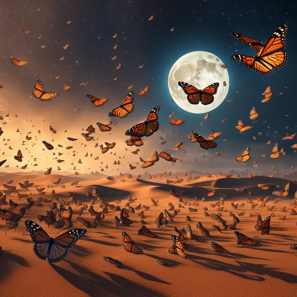 Monarch Butterfly Migration Under Desert Moon