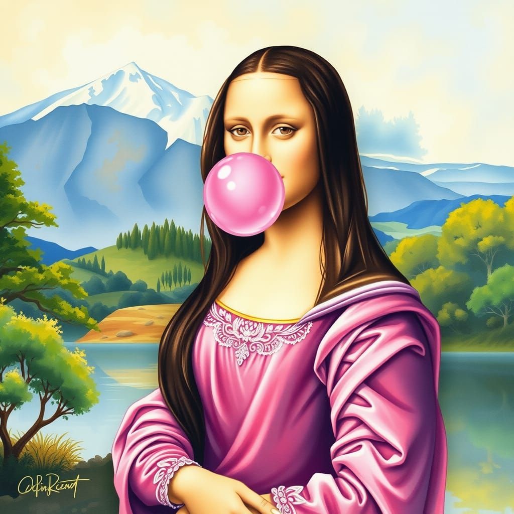 Mona Lisa in Pink Gown Blowing Bubblegum