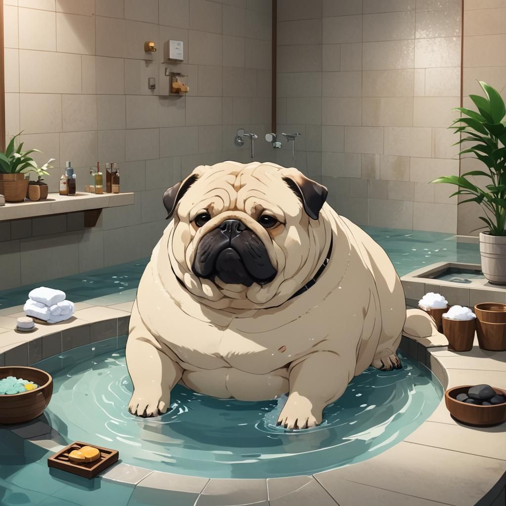Anime Style: Relaxed Fat Dog in Spa