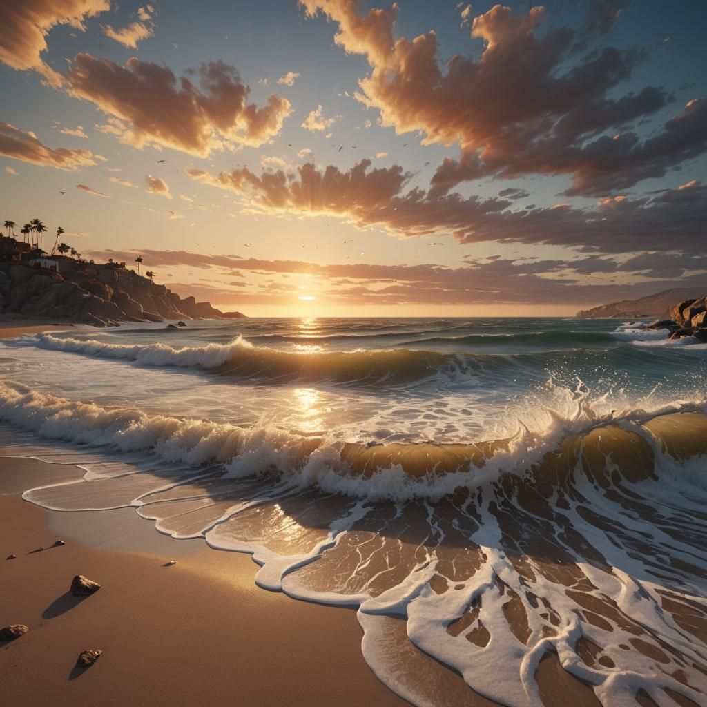 Magical Seascape at Sunset in Golden Light