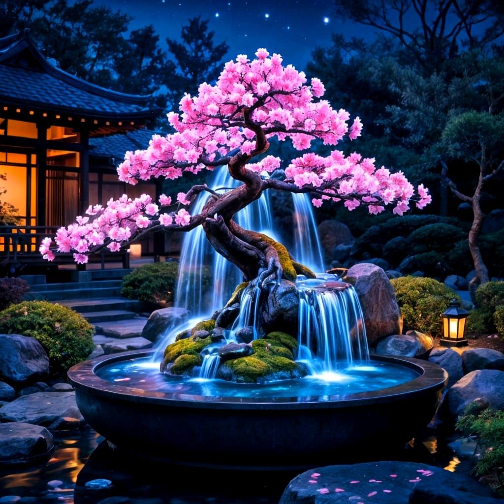Bioluminescent Bonsai Waterfall in Japanese Garden