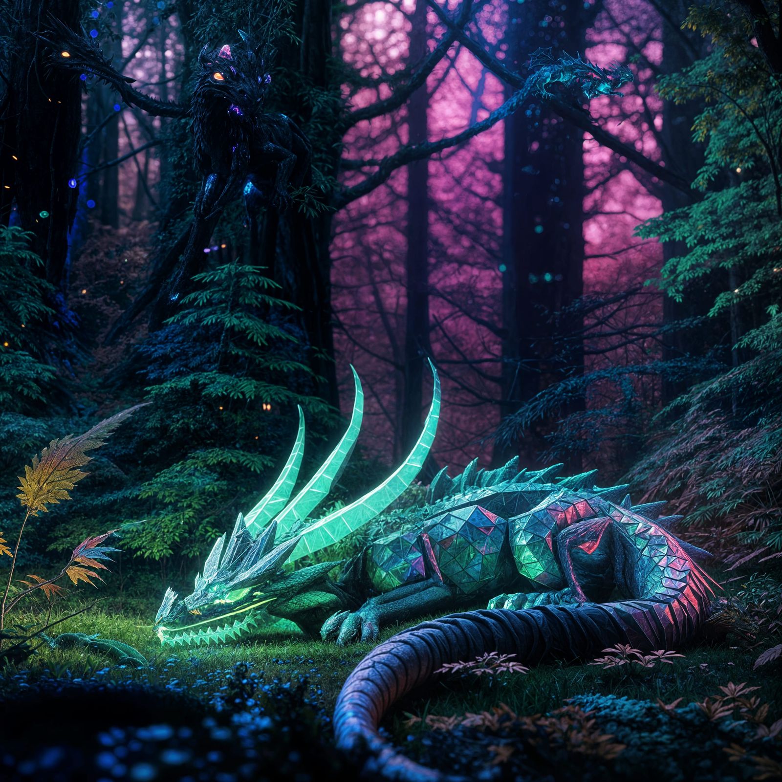 A tiny baby ethereal Dragon sleeping in the woods