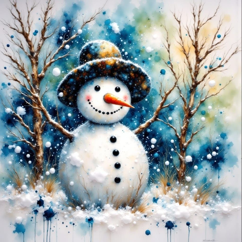 Happy Snowman by Carne Griffiths, JW Waterhouse <lora:Alcohol Ink Grunge:1.0>
