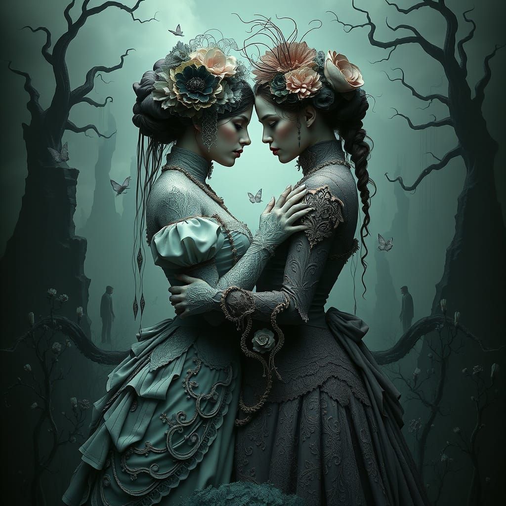 Victorian Women Embrace in Dark Surreal Landscape