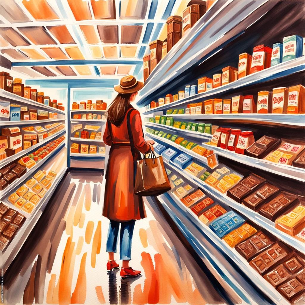 Woman Shopping Chocolate as Gouache Watercolor Painting