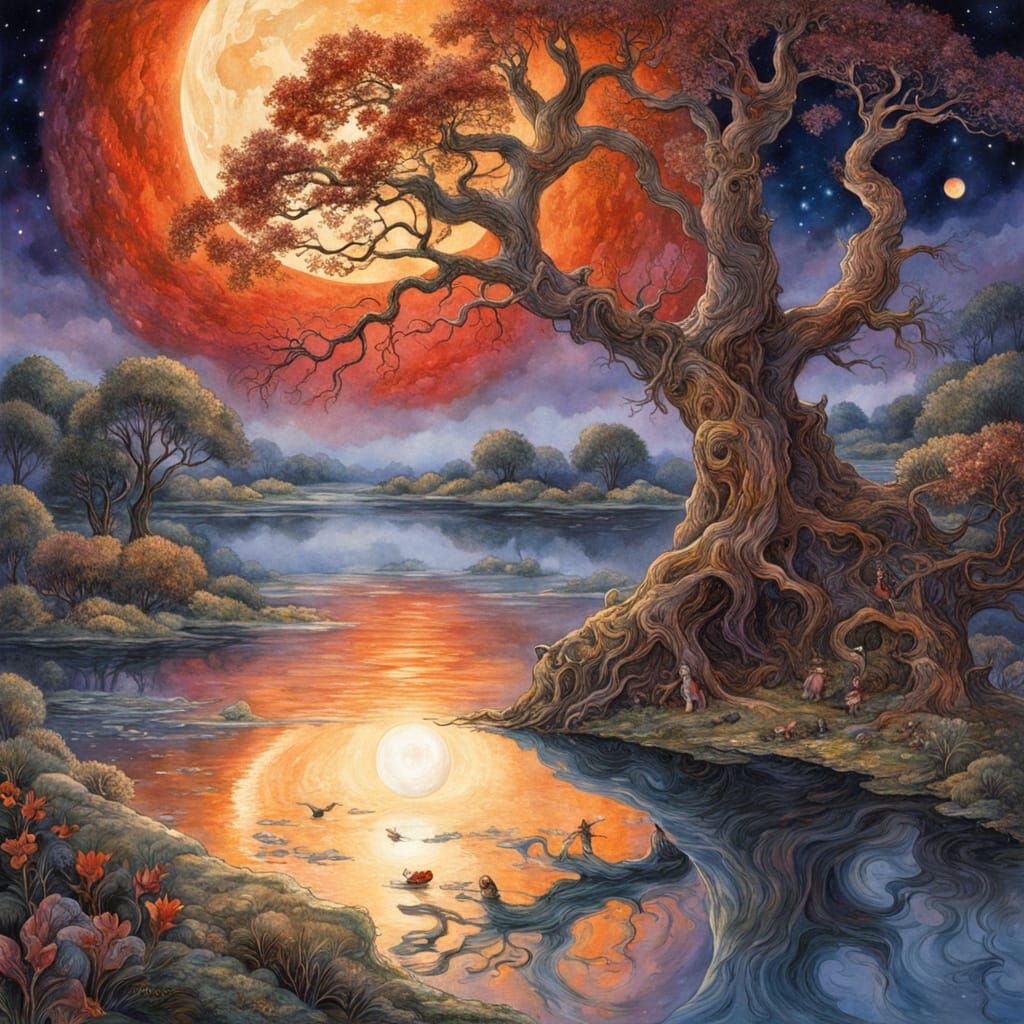 Blood Moon Reflection: A Whimsical Watercolor Fantasy