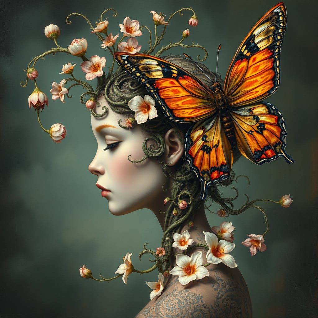 Delicate Organic Head with Majestic Butterfly in Surrealist ...