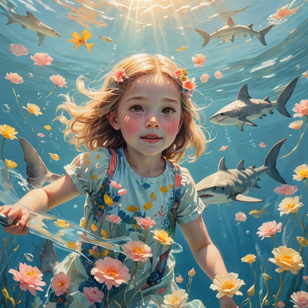 Dreamlike Ocean Scene: Girl Swimming with Shark