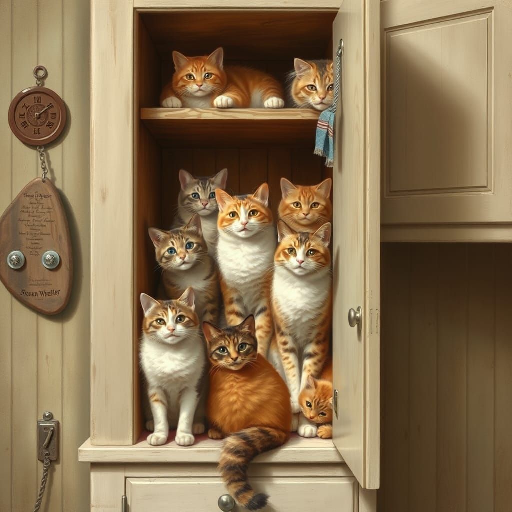 Kitchen Cupboard Full of Cats Illustration