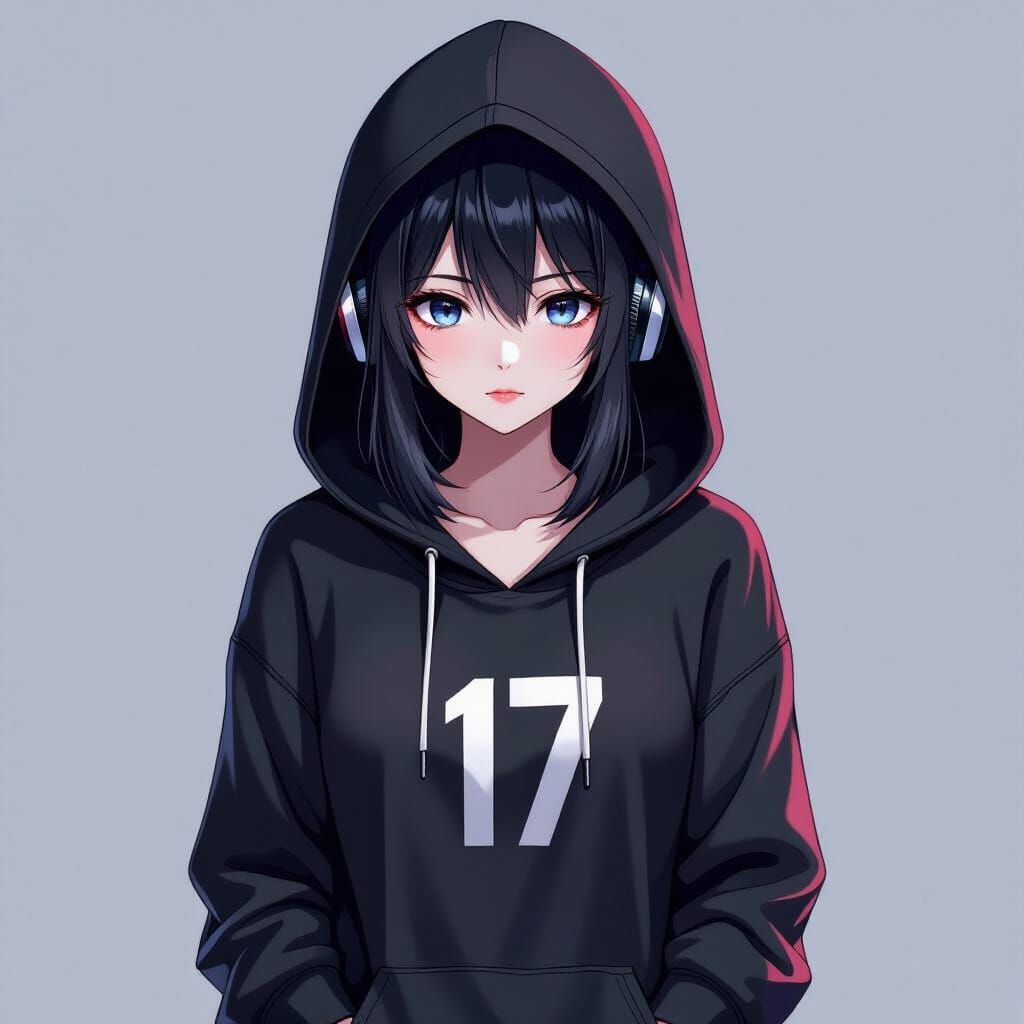 Anime Girl in Black Hoodie with Headphones