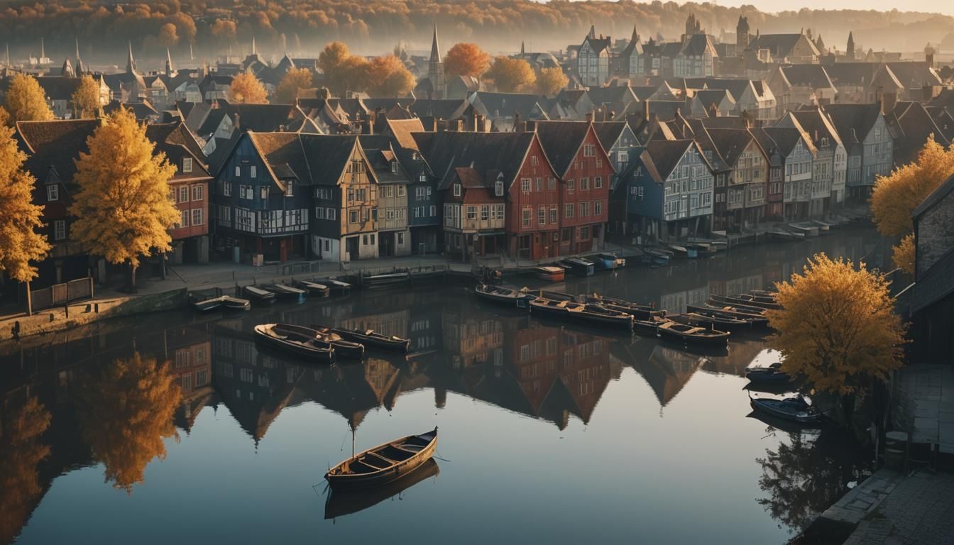 Medieval Riverside Town at Dusk in Cinematic Style