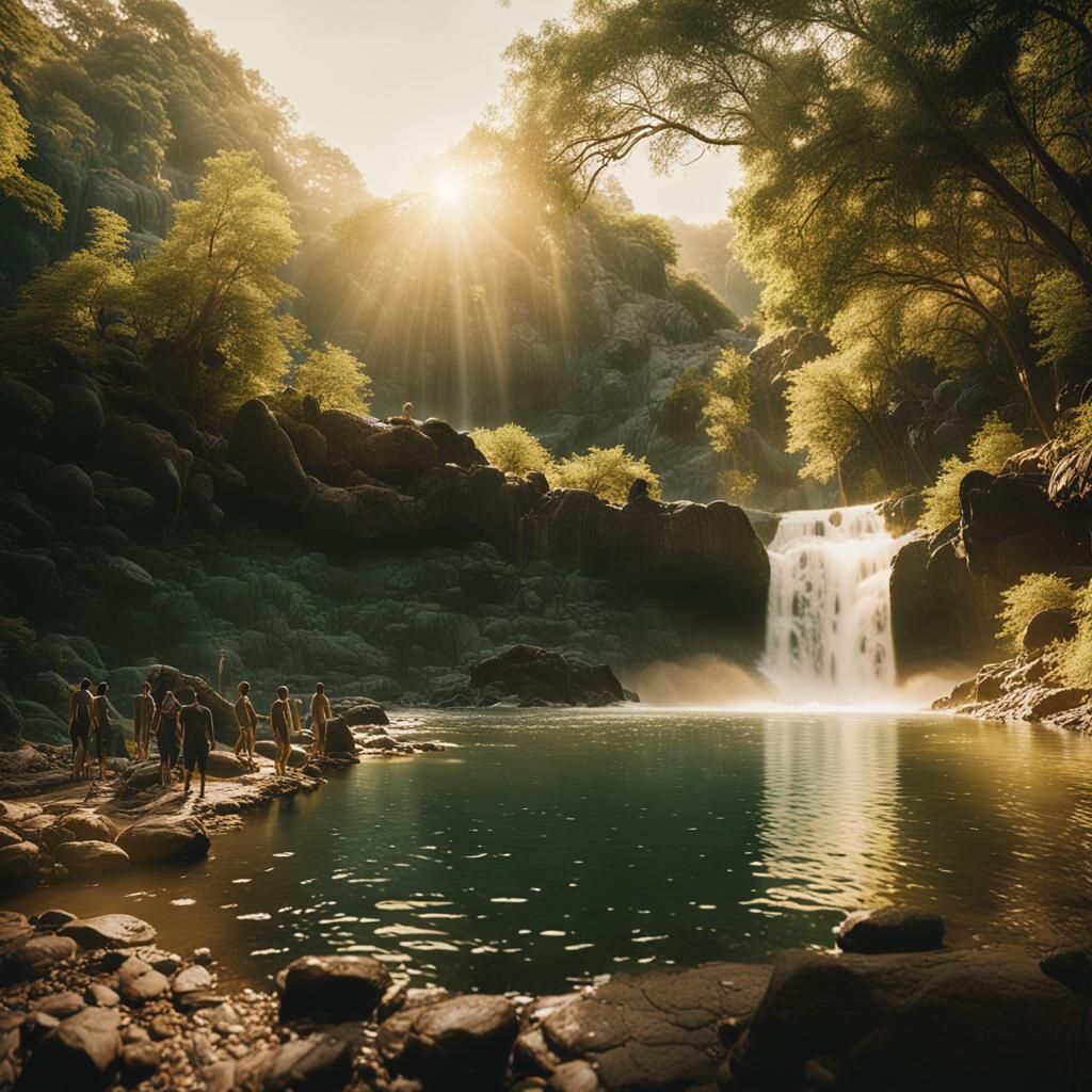 Golden Hour Waterfall Scene on 35mm Film