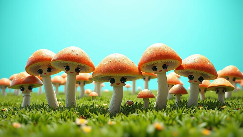 Whimsical Chibi Mushroom Friends in a Bright Meadow