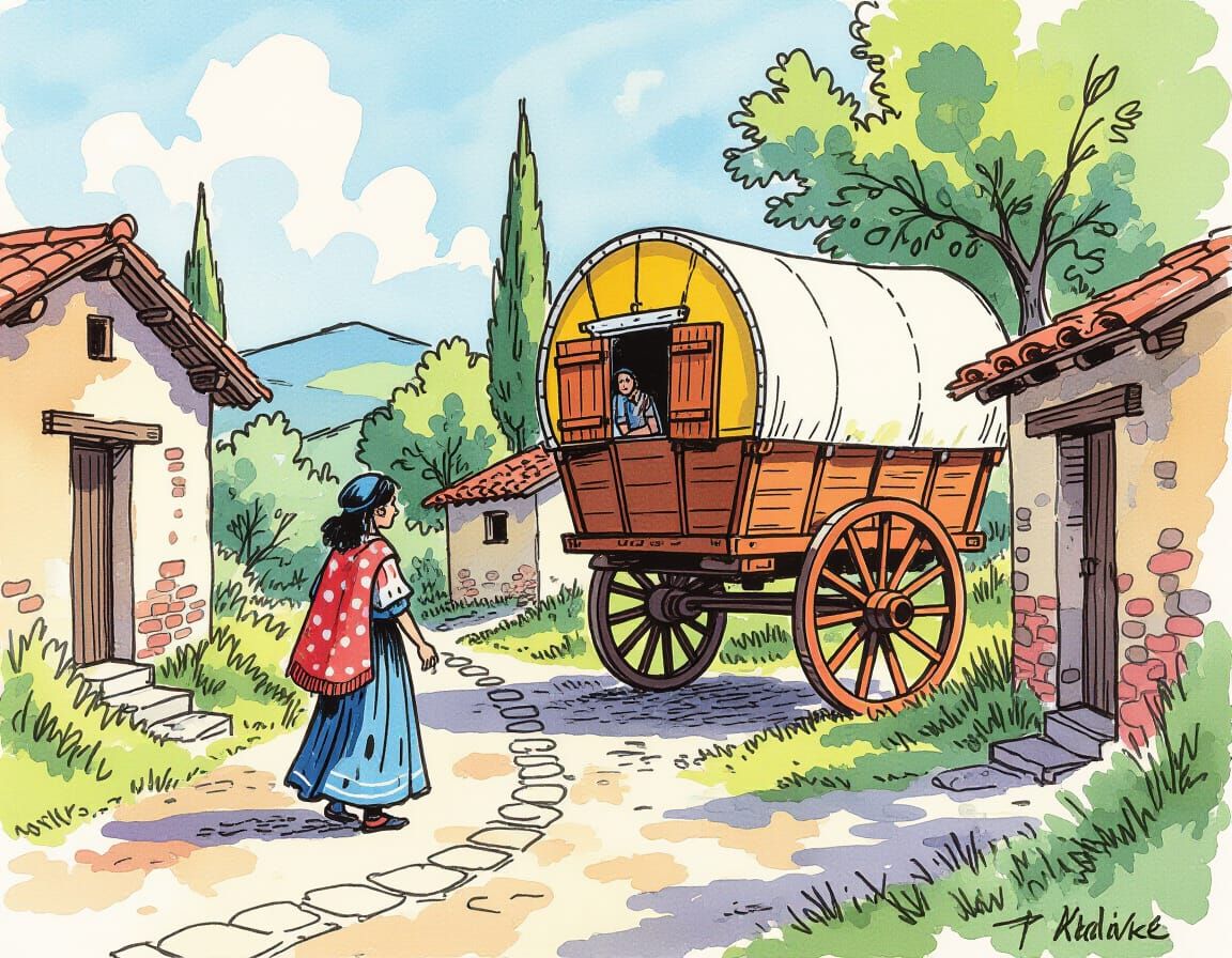 Gypsy Caravan in Etruscan Village Pen and Ink