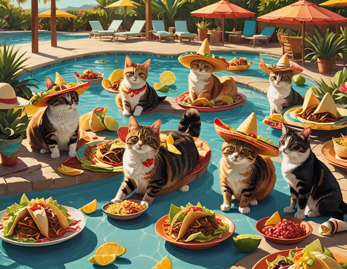 Cats' Taco Pool Party in Vibrant Digital Art