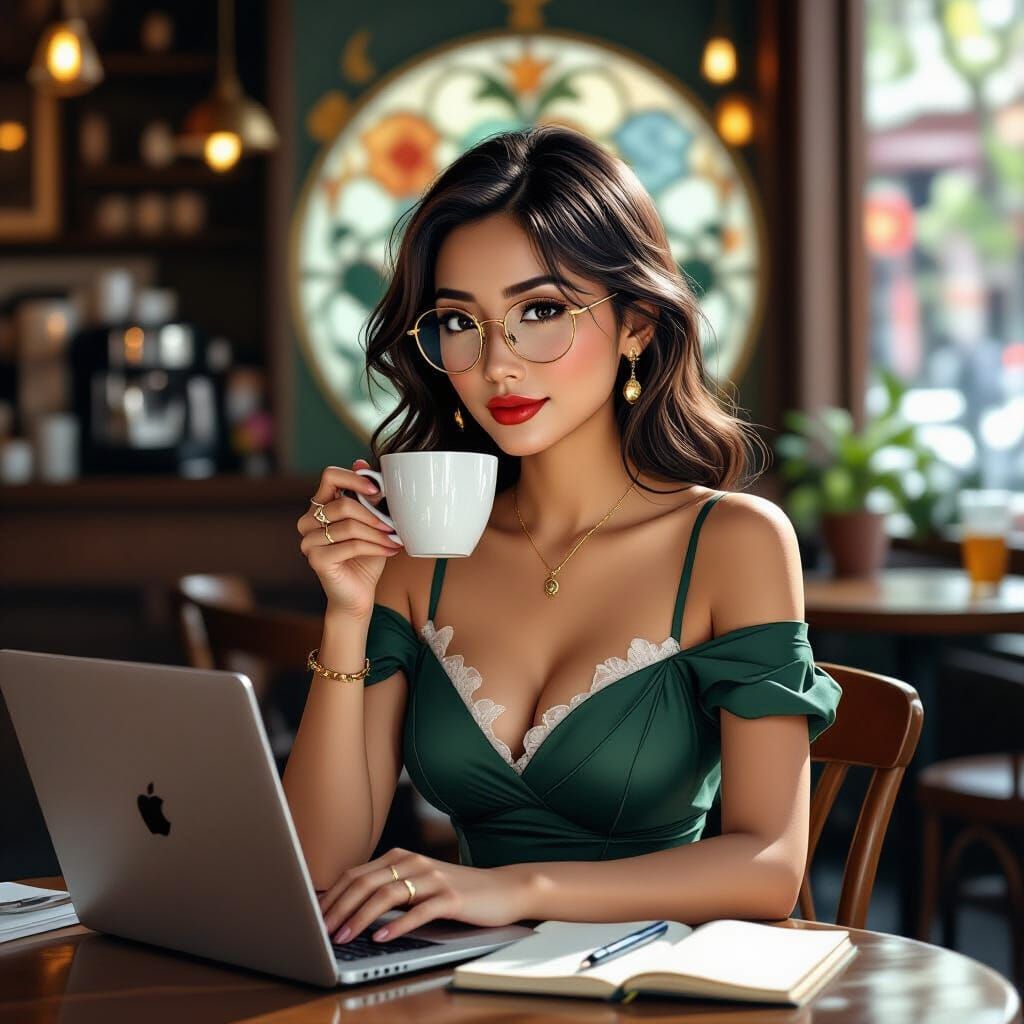 Filipino Woman in Coffee Shop, Art Nouveau Style